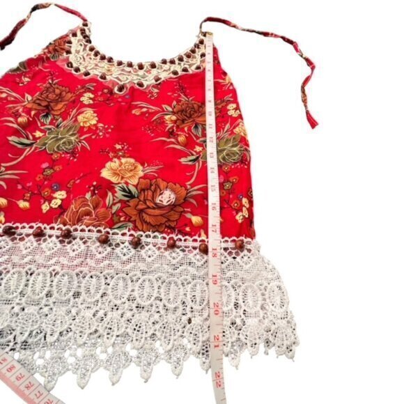 Beaded Crochet Trim Halter Tank Top Red‎ Floral XS S BOHO Hippie Western Beach - Picture 8 of 12